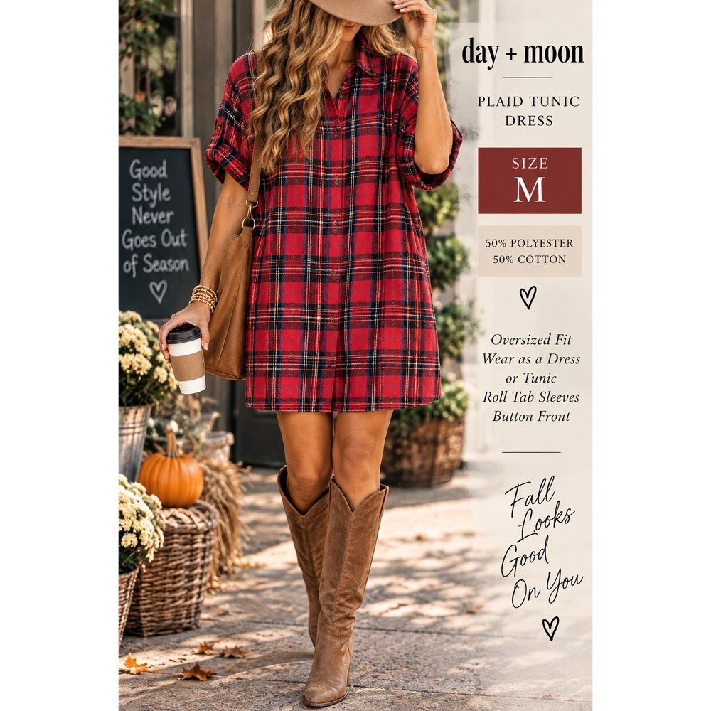 Day + Moon Red Plaid Tunic Dress Women Medium Oversized Button Front
